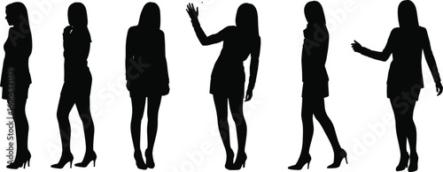 Silhouette of six confident women in casual business poses, stylish female characters standing and gesturing isolated on white background