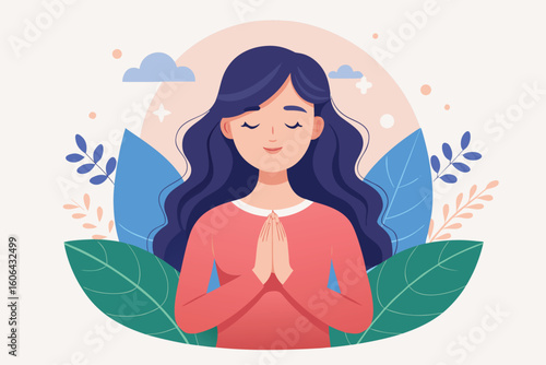 Grateful woman in a serene setting with closed eyes showcasing appreciation and tranquility amidst lush foliage and soft clouds
