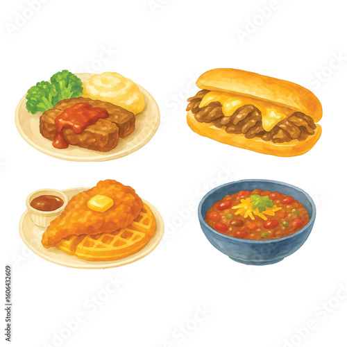 American Food Watercolor Pack #5—Meatloaf, Philly Cheese Steak, Chicken & Waffle, Chili Con Carne. Watercolor Illustration. Design Element. Clip art. Suitable for artwork design.