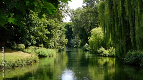 Serene Riverbank Surrounded by Lush Greenery and Willows Under Bright Sky in Tranquil Natural Setting