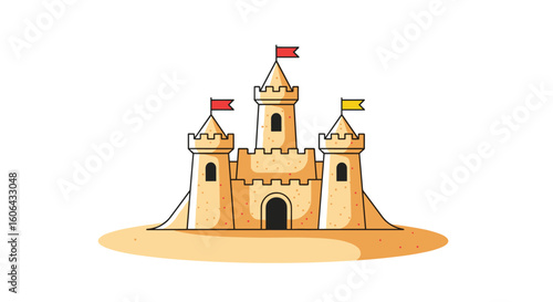 A majestic sand castle structure built on a sandy shoreline under a clear sky