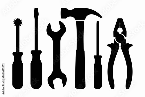 Collection of hand tools including screwdrivers pliers hammer and wrench silhouette isolated on white background