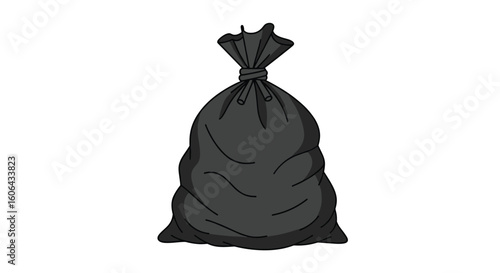 A black trash bag tied at the top filled with unseen waste items and standing upright on an isolated white background a common household refuse receptacle