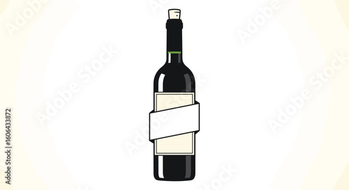 An empty dark glass bottle with a blank label wrapped around its middle on a light yellow background