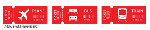 Transport Tickets Set – Red Plane, Bus, and Train Icons with Barcode Design