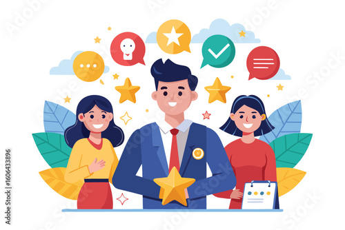 Employee survey as a tool for enhancing customer satisfaction and feedback in the workplace with illustrated characters