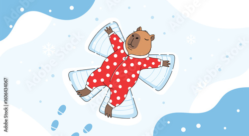 A cute capybara in pajamas makes a snow angel on a wintery day enjoying the fluffy snowfall