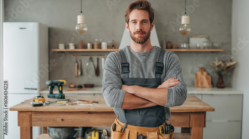 DIY enthusiast with a tool belt standing in kitchen, ready to renovate and upgrade his home interior