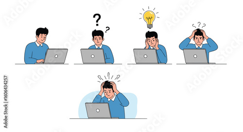 Man experiencing confusion and frustration while working on a laptop receiving a moment of inspiration and then escalating stress and anxiety