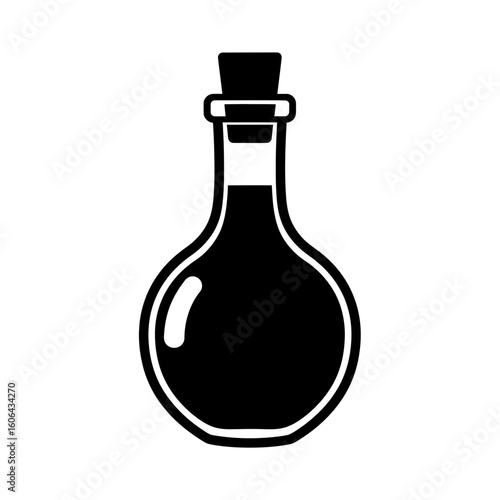 An oldfashioned glass bottle with a round base, filled with dark liquid and sealed with a cork, isolated on white
