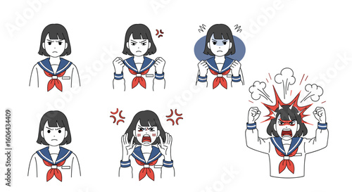 Collection of expressions and emotions depicting a japanese schoolgirl in various states of distress and anger