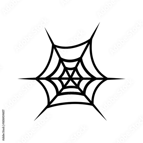 A delicate spider web, intricately spun with fine lines, isolated on a plain white background