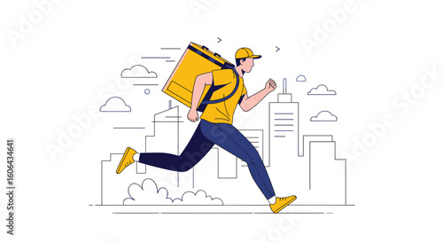 Dynamic delivery person running swiftly with a large yellow backpack and cityscape background