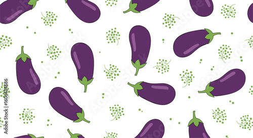 A whimsical pattern featuring purple eggplants scattered amongst delicate green sprouts on a crisp white background