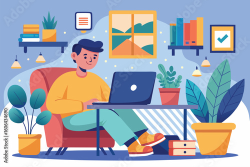 Freelancer working comfortably in a cozy home office during the day with plants and artwork in the background