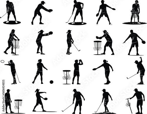 Disc golf and mini golf player silhouettes, sports activity vector set, outdoor leisure, disc throwing, putting pose clipart collection