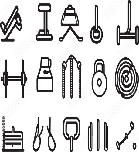Various fitness equipment icons displayed in a grid arrangement on a white background vector image