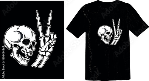 Skull and Skeleton Hand with Peace Sign - Grunge Streetwear Graphic