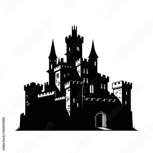 A dark, gothic castle silhouette stands ominously against a white background