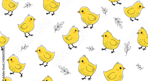 Adorable little yellow chicks scattered across a white background with delicate sprigs of nature elements