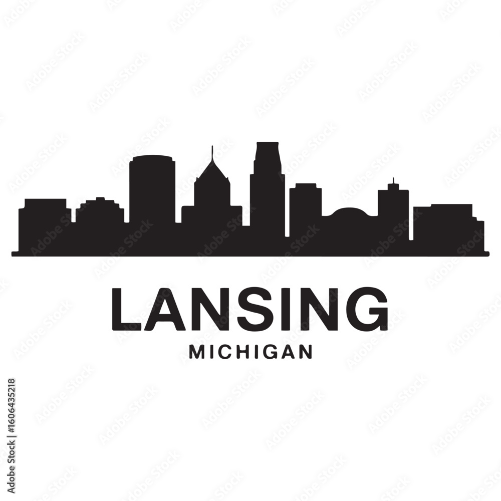 Naklejka premium Lansing skyline horizontal banner. Lansing, Michigan. Vector template for your design. Vector black silhouette. with white background