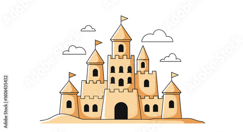 Illustrative depiction of a grand sandcastle construction on a sandy beach under a cloudy sky with playful flags adorning its towers