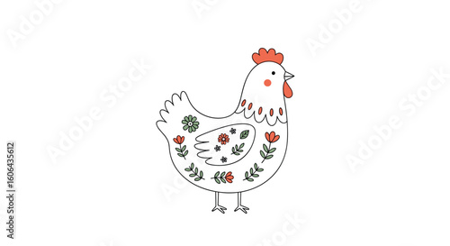 Charming folk art chicken decorated with delicate red roses and greenery for a whimsical countryside aesthetic