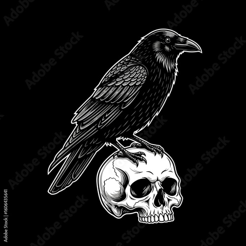 A detailed illustration of a crow perched atop a human skull, evoking themes of death and the macabre