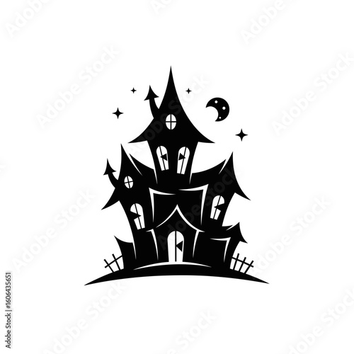 A haunted house silhouette with a moon and stars, isolated on a white background for halloween