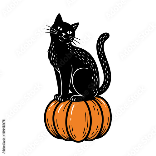 A black cat sits atop an orange pumpkin, a classic symbol of halloween, isolated on a white background