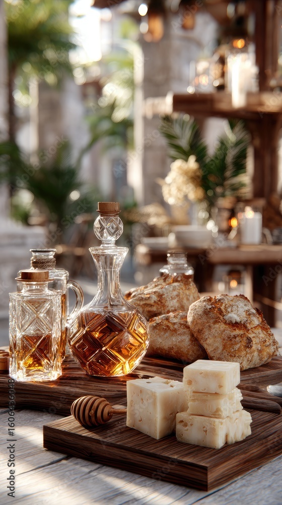 Naklejka premium Rustic table displays jars of honey, artisanal breads, and natural ingredients, creating an organic atmosphere for eco-friendly cosmetics
