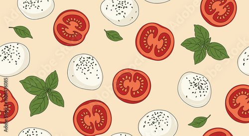 A delightful and fresh italian food pattern featuring mozzarella tomatoes and basil leaves for culinary inspiration and gastronomic appreciation