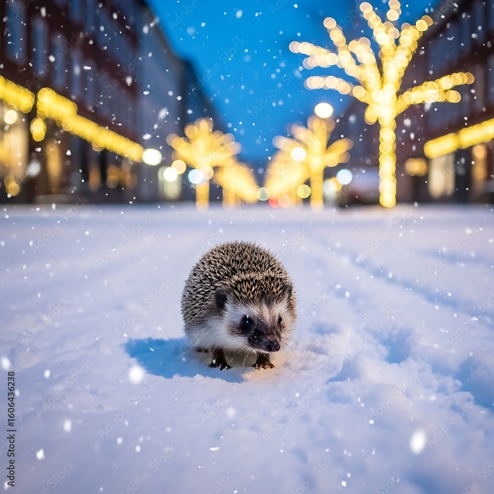 Obraz premium A hedgehog on a snowy city street at night.