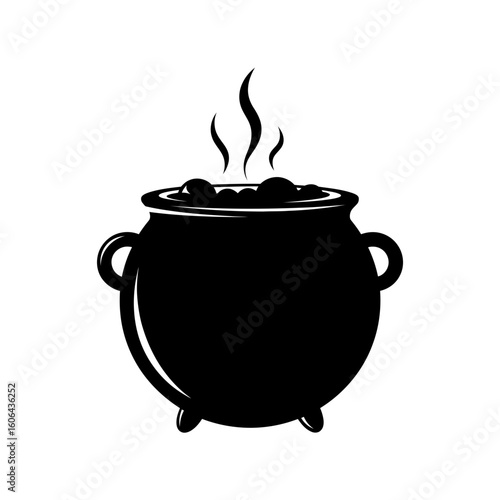A black silhouette of a witchs cauldron emitting steam from its contents