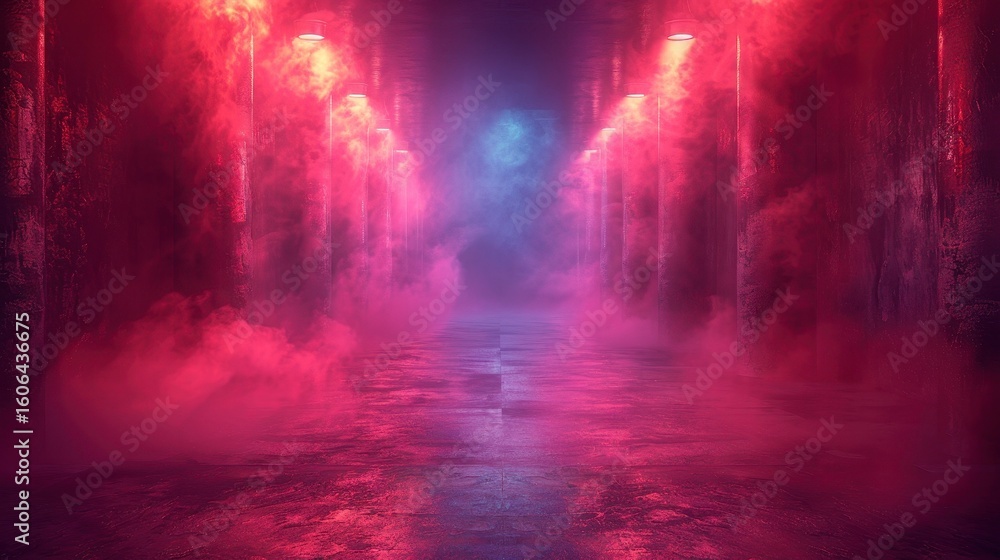 Fototapeta premium Smoky alleyway. Symmetrical pillars glow red. Mist fills space, a blue light shines at end