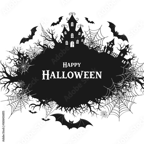 A spooky haunted house scene with bats and cobwebs, celebrating happy halloween