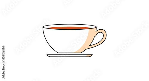 A simple illustration of a white teacup filled with brown liquid placed on a saucer