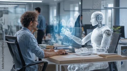 Collaborative Innovation: A modern office setting depicts a collaborative meeting between a human and a futuristic robot, embodying innovation and the future of work.