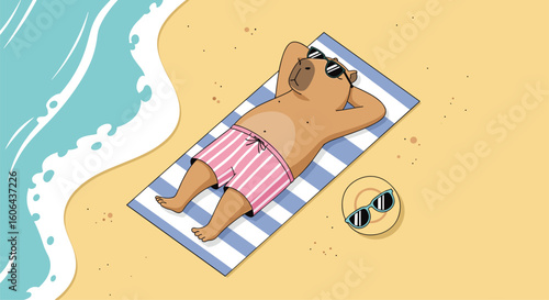 Adorable capybara relaxing on a striped towel on a sandy beach wearing sunglasses and striped shorts enjoying the sun with ocean waves nearby and a tiny sun also wearing sunglasses