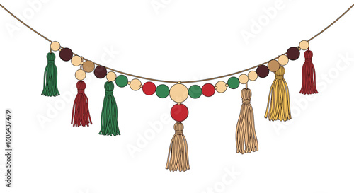 Decorative festive garland with colorful pom poms and tassels for celebrations and events