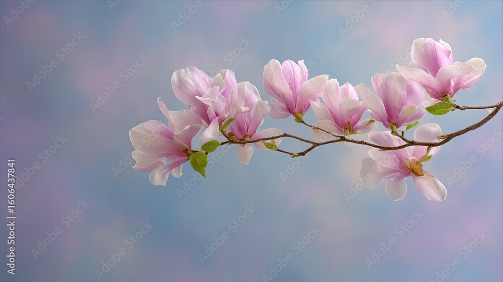 Fototapeta premium Delicate Pink Magnolia Blossom Branch against a Soft Blue and Purple Background in an Artistic Floral Arrangement