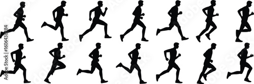 Running man silhouette vector set, jogging poses, athlete sprinting illustrations, fitness workout design, sports motion graphic, black male runner clipart