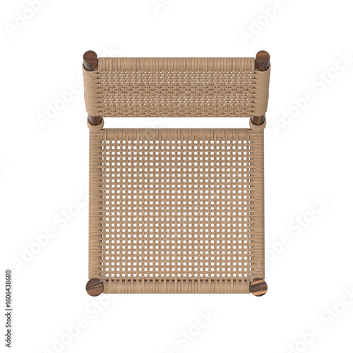 Top view of a wooden chair with beige woven rope seat and back, isolated. 3D render.