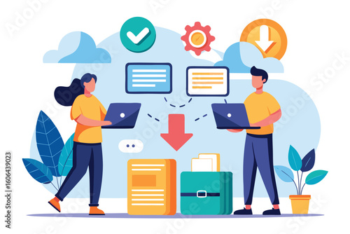 Two individuals engaged in data transfer and document sharing in a digital workspace with laptops and visual elements representing connectivity and information exchange