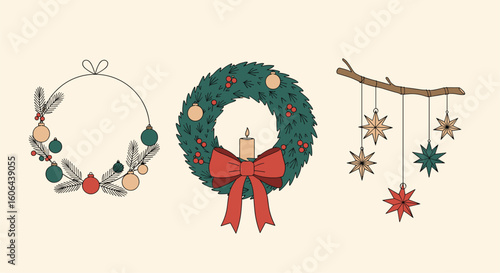 Festive winter holiday decorations featuring wreaths and snowflakes for seasonal celebrations and greetings