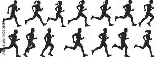 Running silhouette vector set, male and female joggers, fitness workout pose, athletic runners motion, black sprint figure collection, clipart