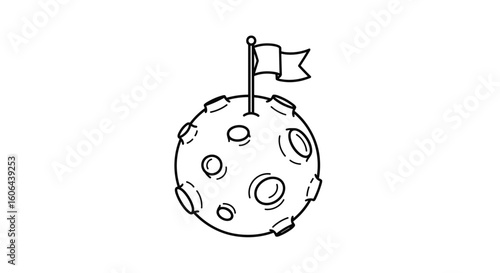 Illustration of a moon with craters and a flag planted on its surface representing exploration discovery achievement and space missions