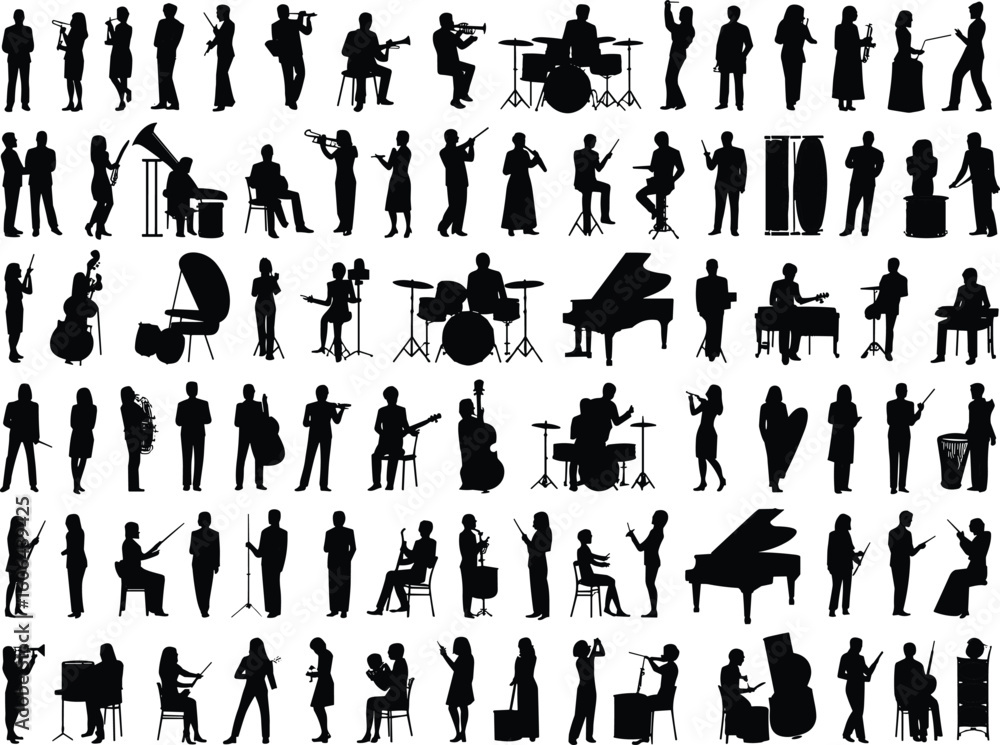 Obraz premium Silhouette musicians vector illustration, people playing instruments, jazz band performance, orchestra artists clipart, musical group icons