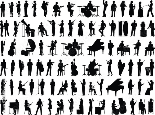 Silhouette musicians vector illustration, people playing instruments, jazz band performance, orchestra artists clipart, musical group icons