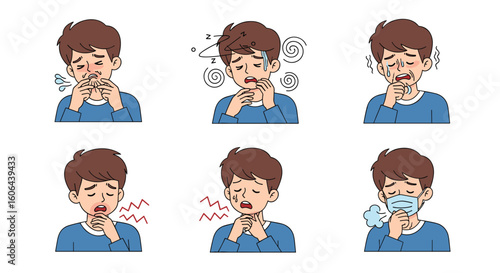 Collection of illustrations depicting symptoms of illness and health precautions taken by a person